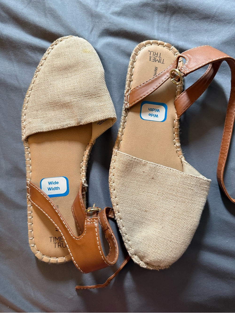 Time and Tru Wide Width Beige Canvas Espadrille Sandals with Tan Straps
